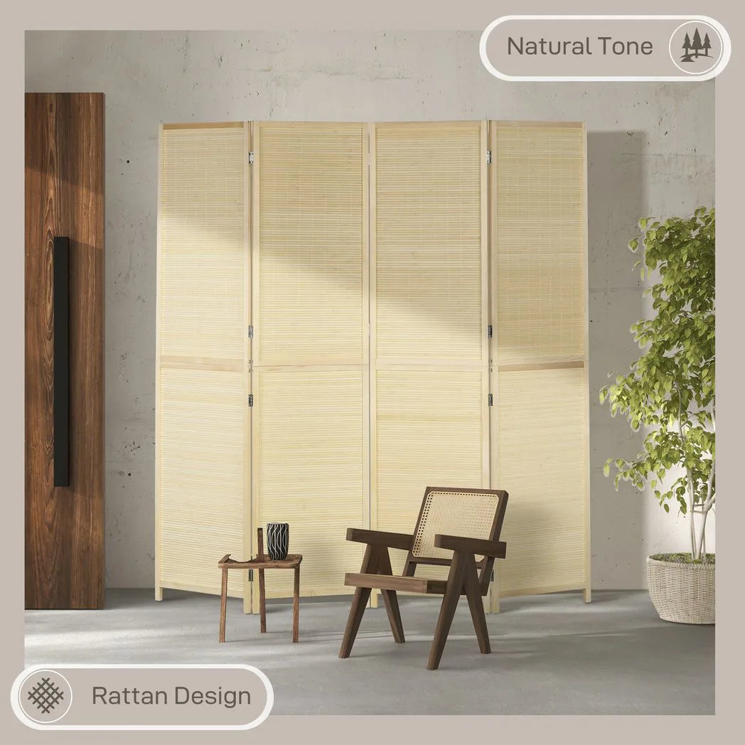 HOMCOM 4-Panel Bamboo Rattan Room Divider – Freestanding Folding Privacy Screen, 180 x 180cm, Natural