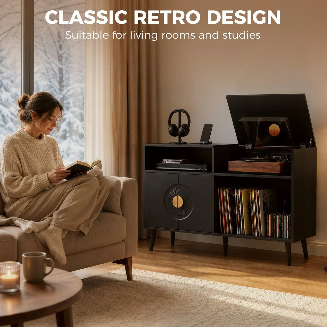 HOMCOM Record Player Stand with 300-Album Vinyl Storage & Flip-Top Compartment – Mid-Century Style, Black