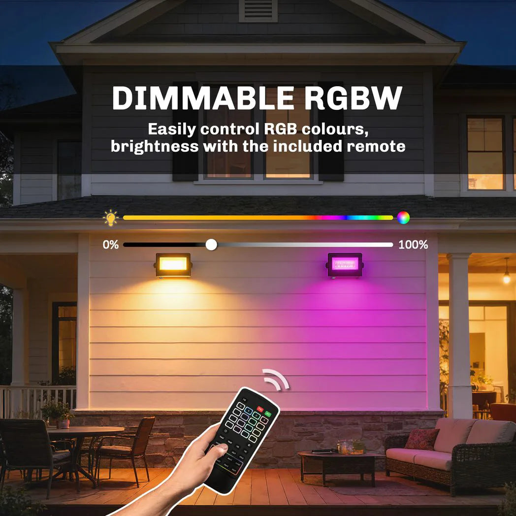 Outsunny 32W RGB LED Garden Floodlights, 4-Pack – Linkable Spotlights with Remote and Timer, IP65, UK Plug, Black