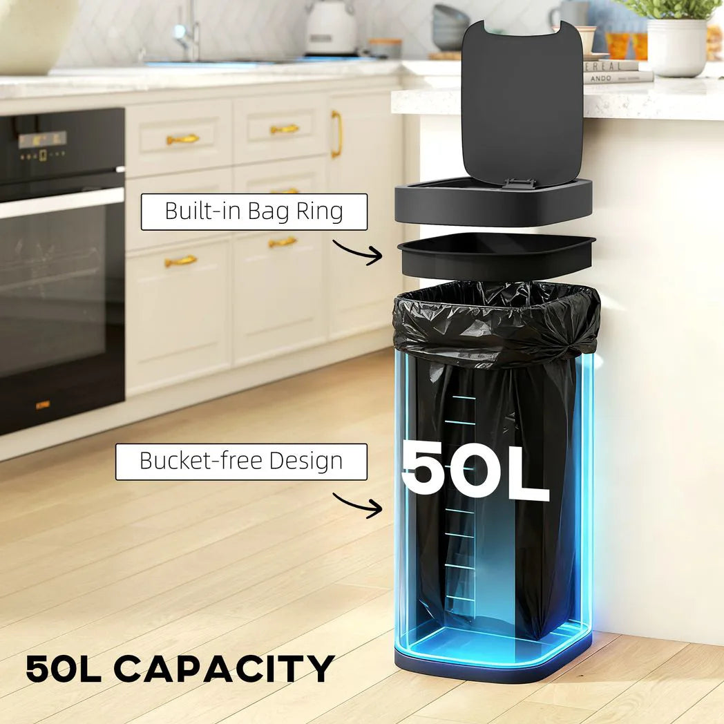 HOMCOM 50L Automatic Sensor Kitchen Bin with Manual Override – Touchless, Battery Operated, Inner-Bucket-Free