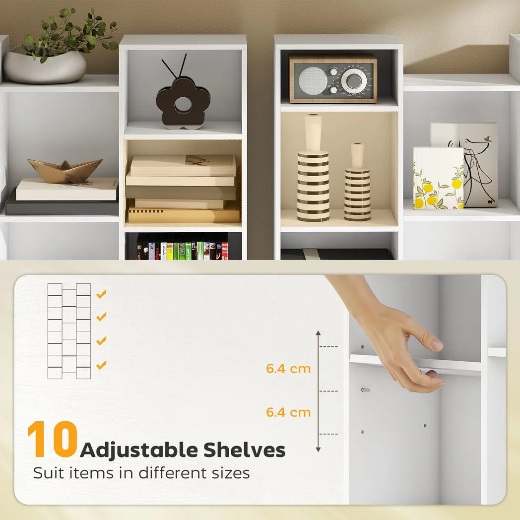 HOMCOM 21-Compartment Bookshelf with Asymmetrical Layout and Anti-Tipping Device – Steel and Board, White