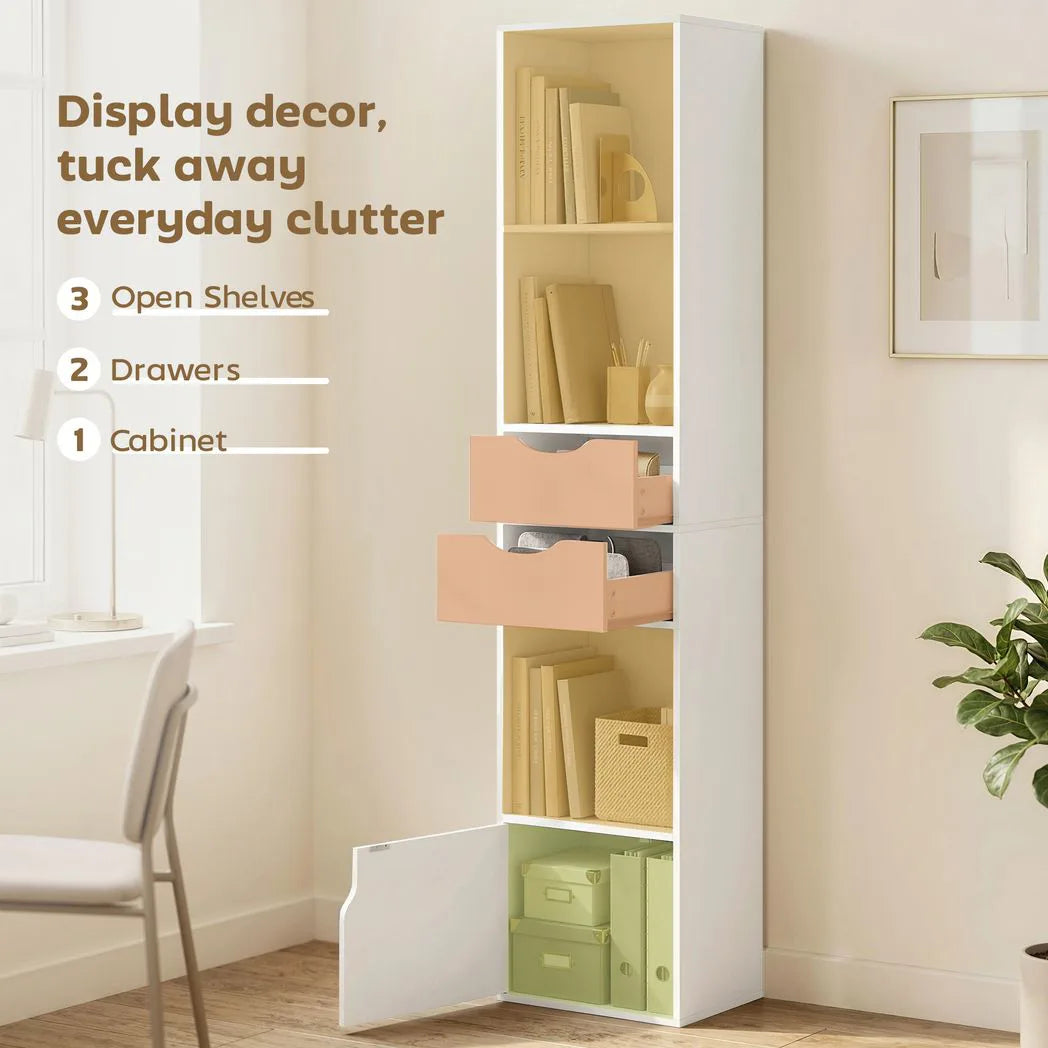 HOMCOM 158 cm Slim Bookcase with 2 Drawers, Cabinet and Adjustable Shelf – Space-Saving Bookshelf, White