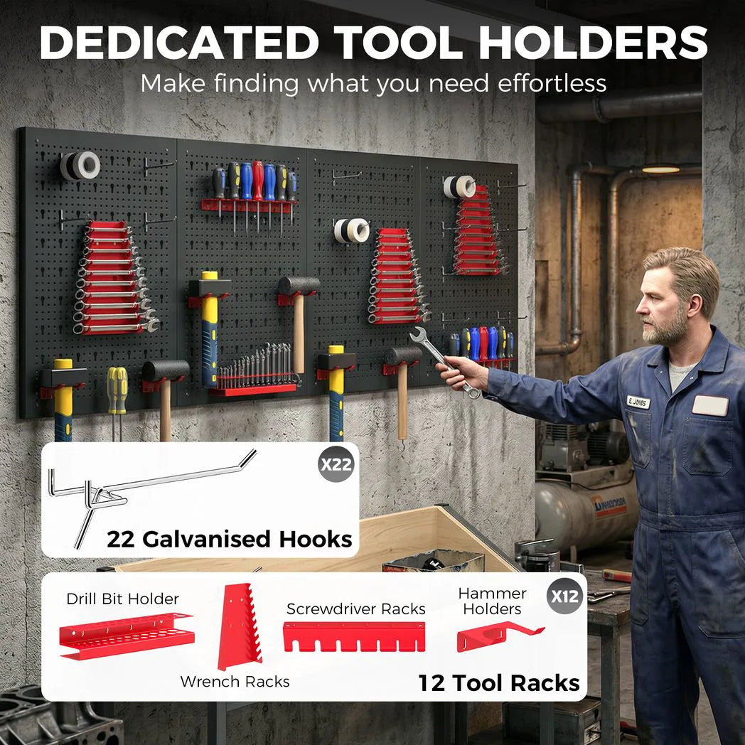 HOMCOM 38-Piece Wall-Mounted Pegboard Set with 4 Steel Boards – Garage Tool Storage Organiser, Black and Red