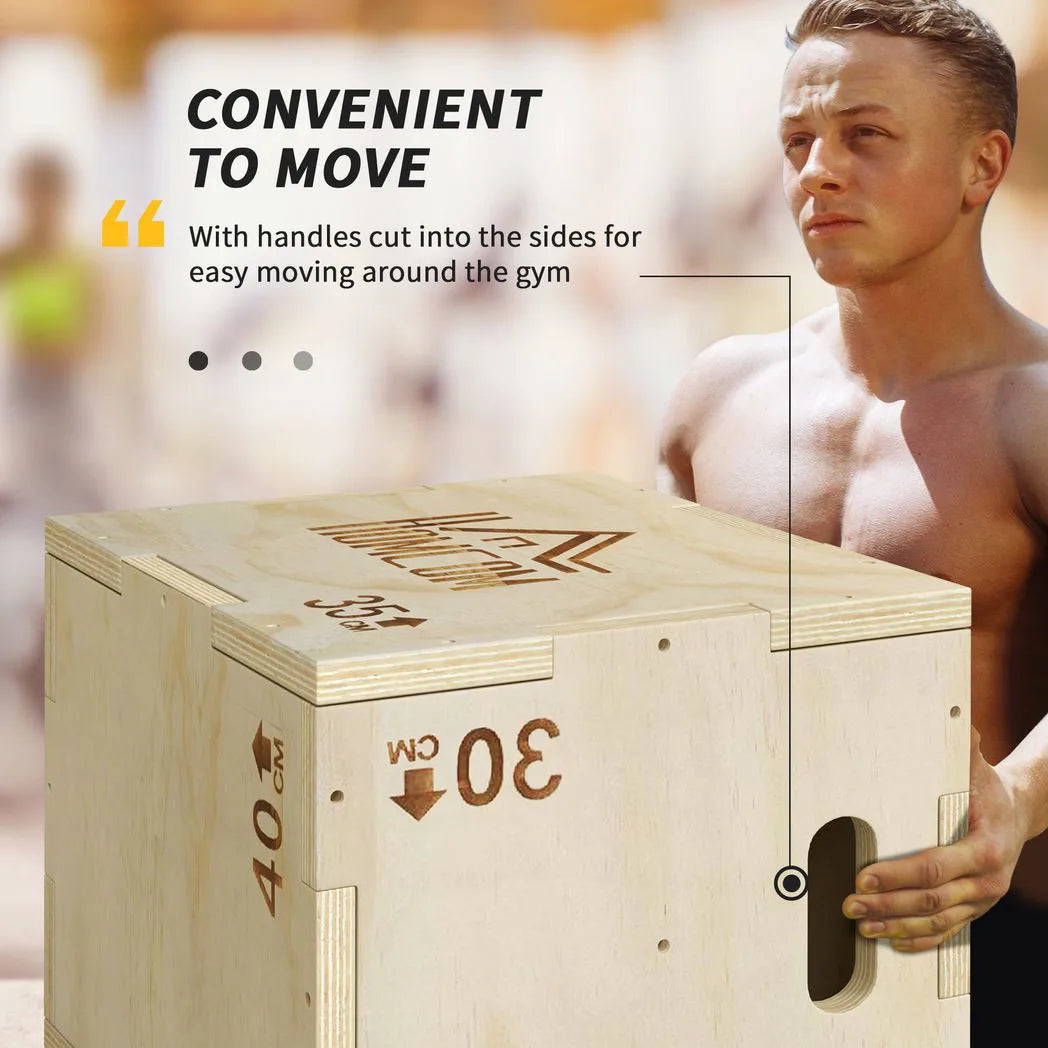 HOMCOM 3-in-1 Wooden Plyo Box with Handle Openings – Plyometric Jump Box for Home Gym, 12" x 14" x 16", Natural