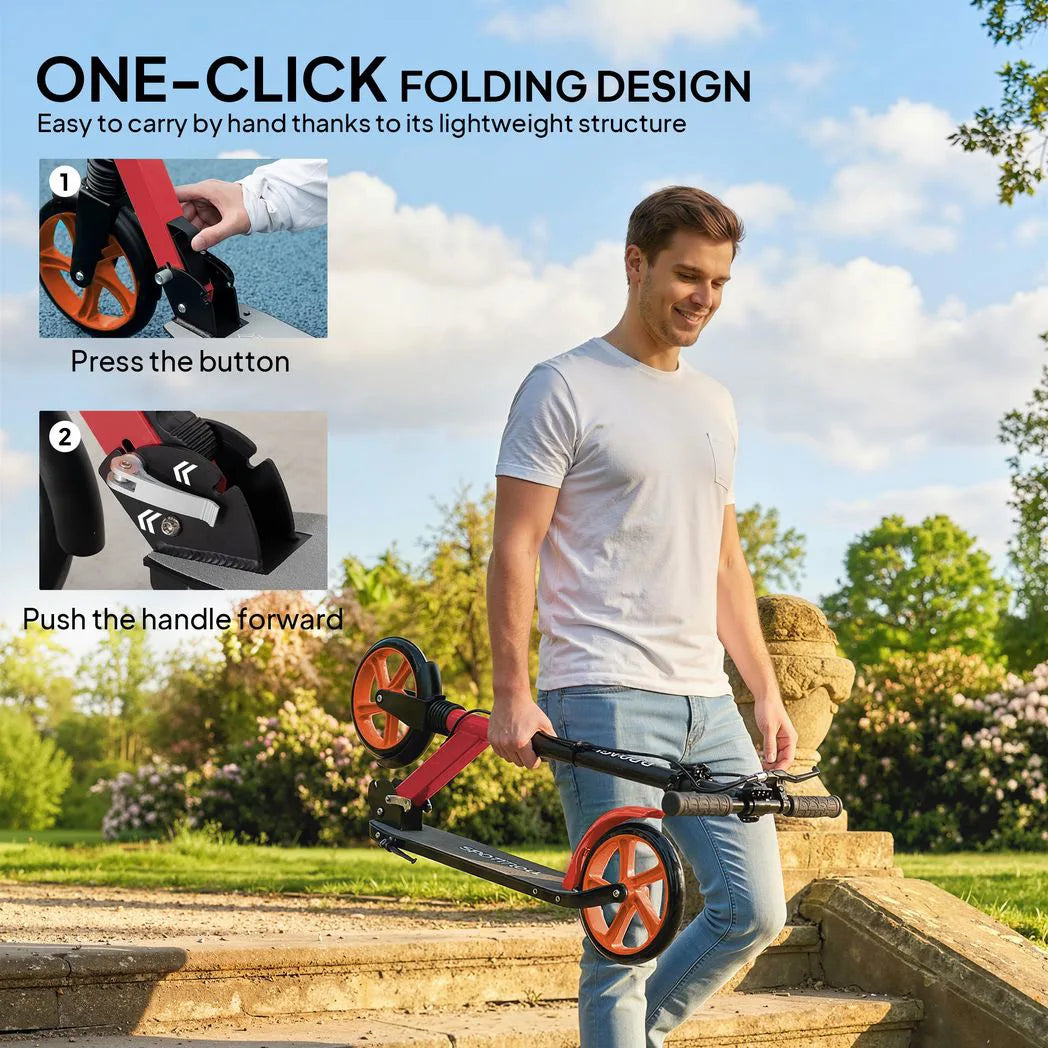 HOMCOM One-Click Folding Kick Scooter with Adjustable Handlebar, Dual Brakes & Kickstand – Push Scooter for Ages 14+, Red