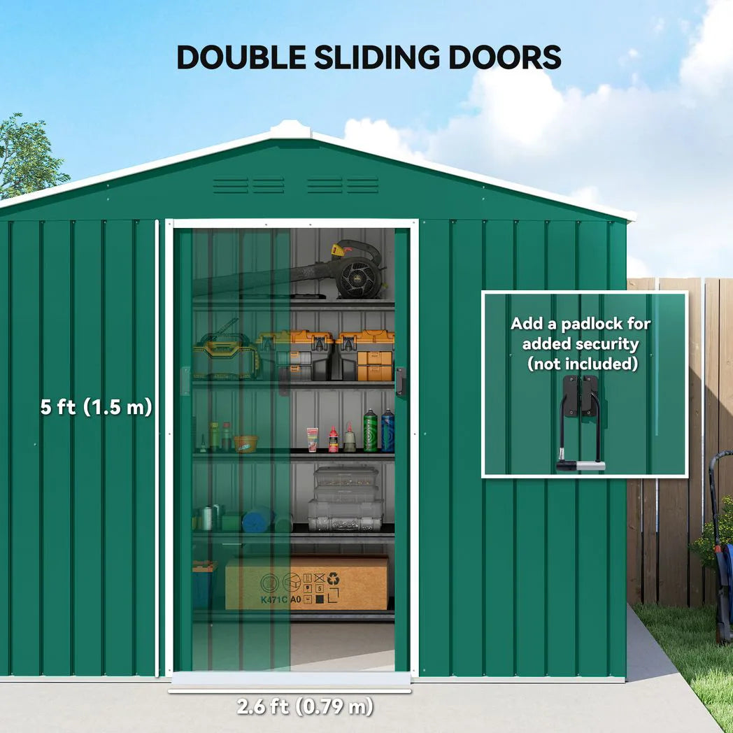 Outsunny 8 x 6ft Galvanised Steel Garden Shed with Sliding Double Doors – Green