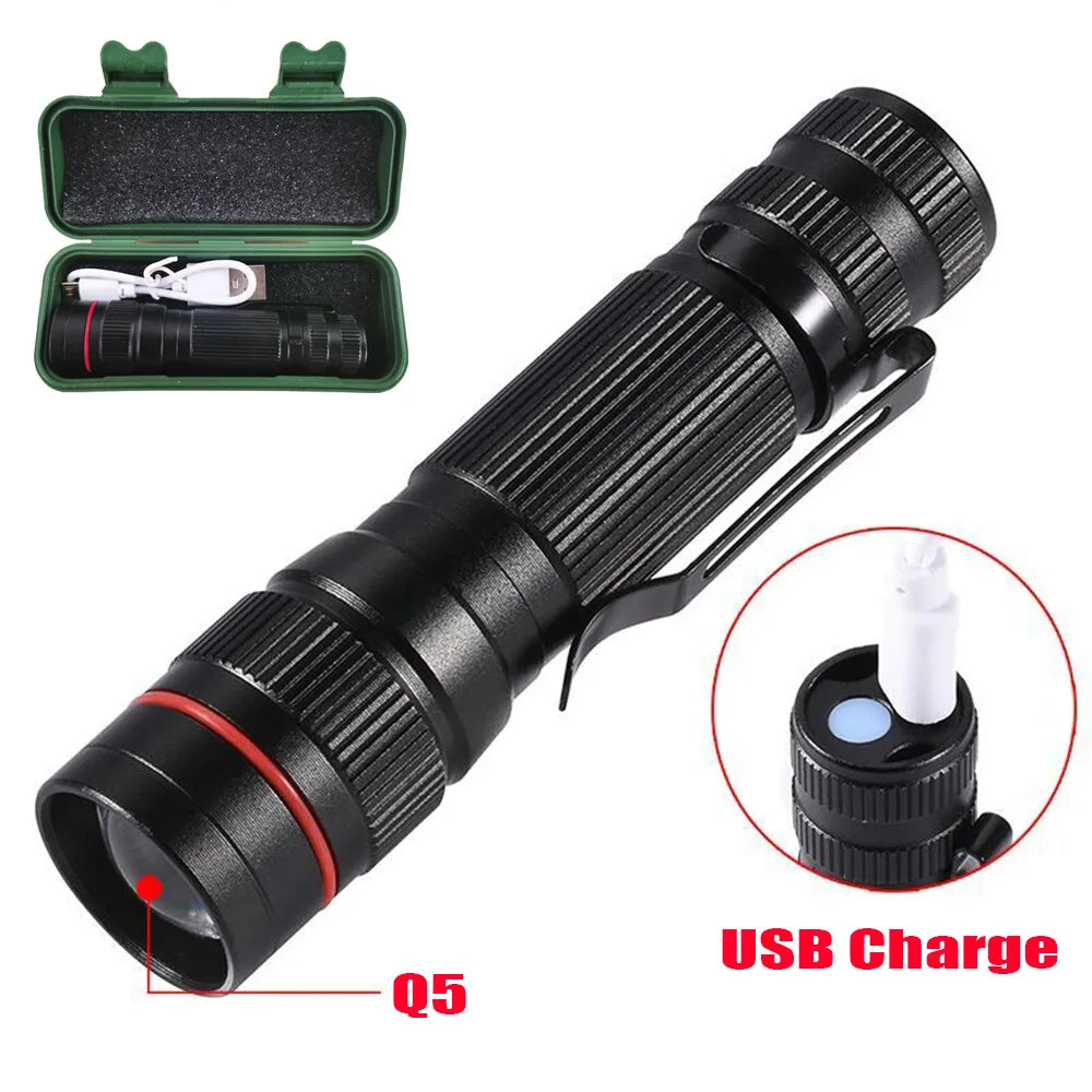 2-Pack USB Rechargeable Mini LED Torches – Adjustable Focus, 3 Lighting Modes, Aluminium, Black