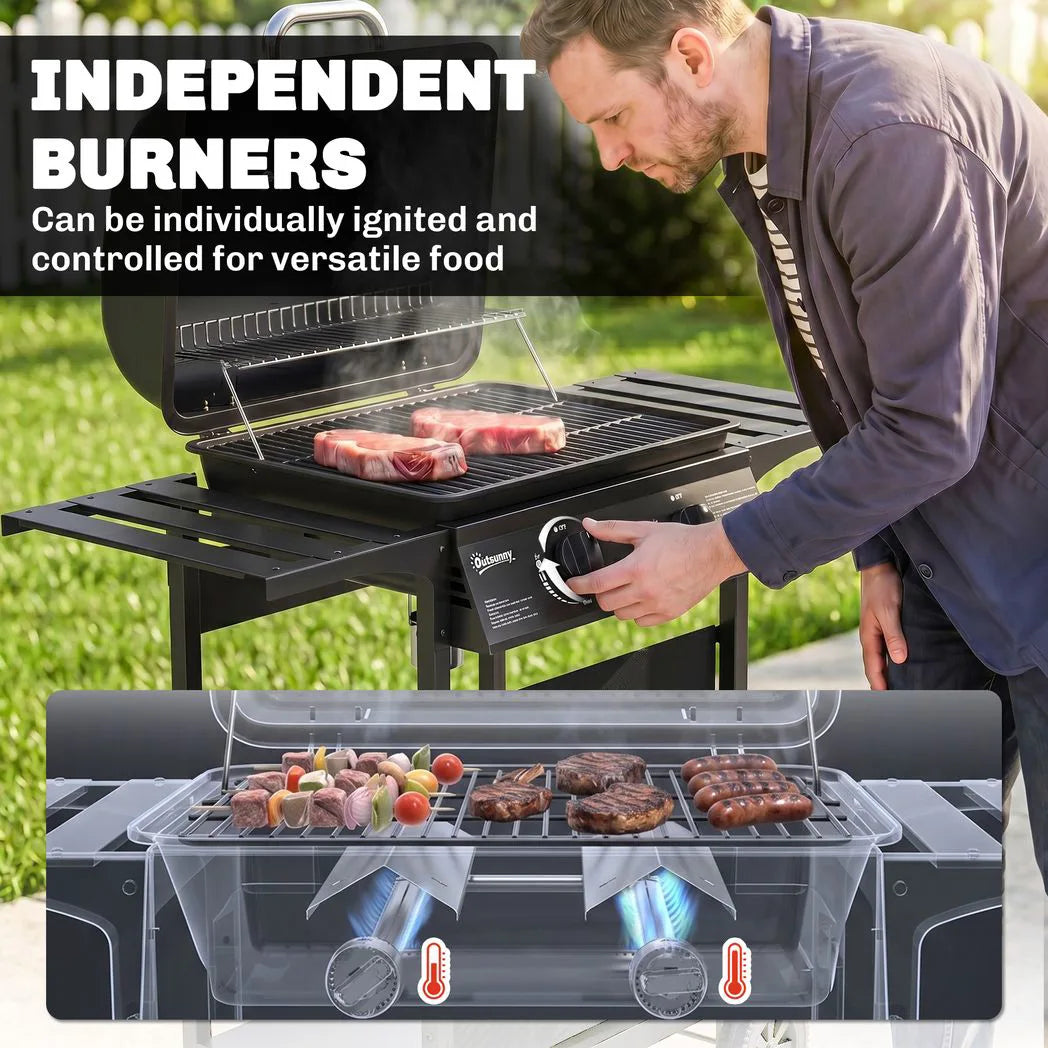 Outsunny 2-Burner Gas BBQ Grill – 2 x 2.5kW Burners with Side Tables, Warming Rack, Thermometer and Grease Tray, Black