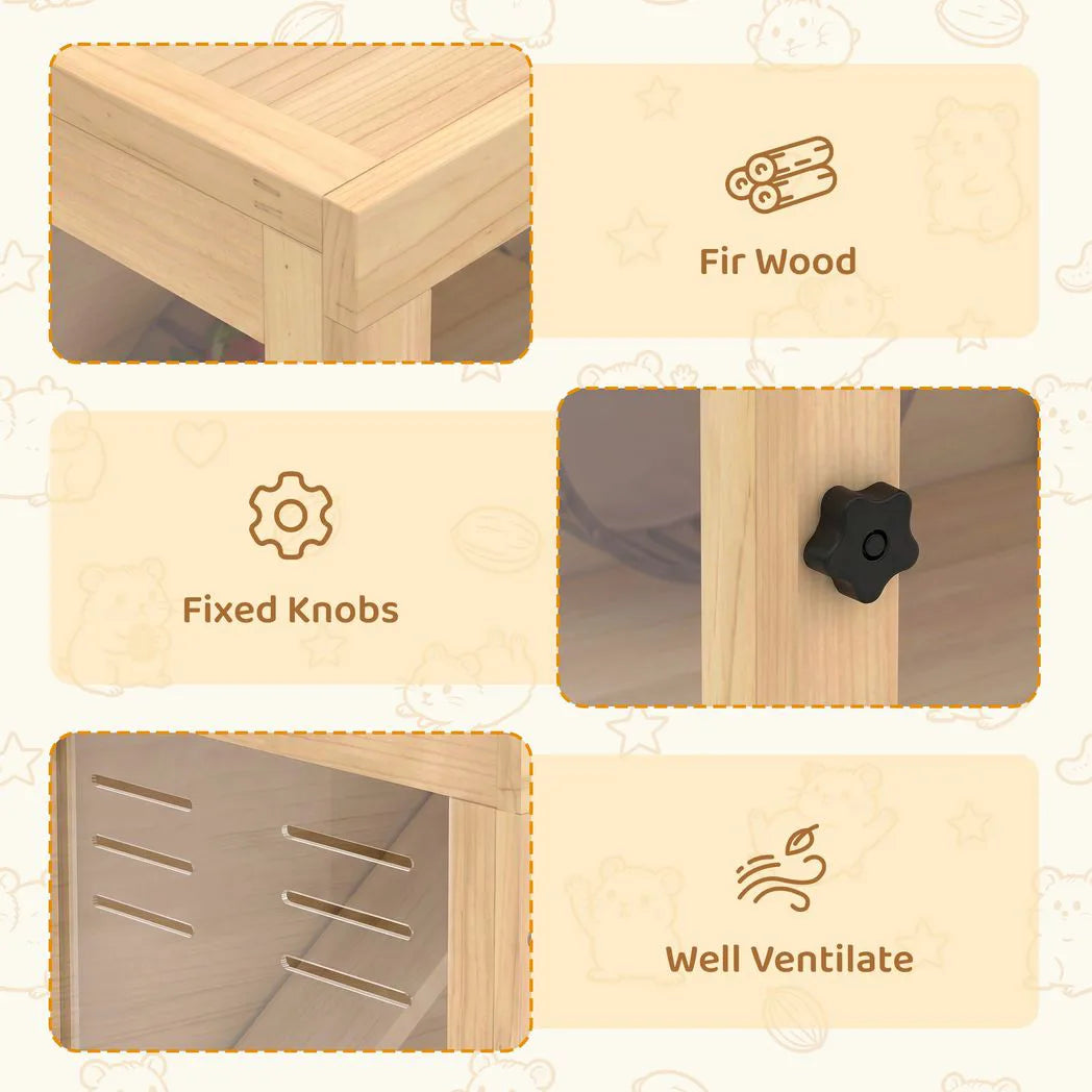 PawHut Wooden Hamster Cage with Hut, Wheel, Ramps and Removable Viewing Panels, 80 x 50 x 84 cm, Natural
