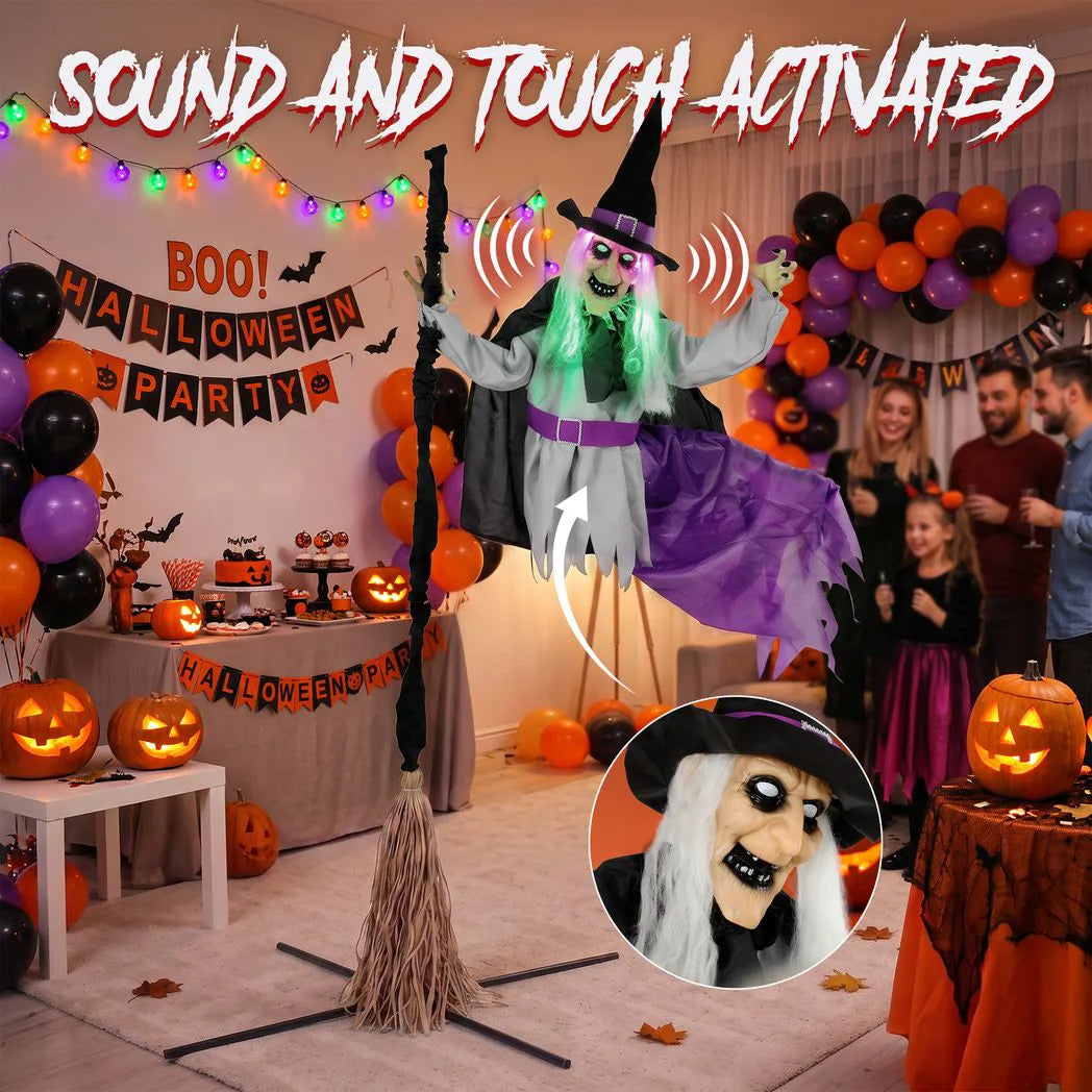 HOMCOM 200cm Life Size Animated Flying Witch Halloween Decorations Outdoor Indoor