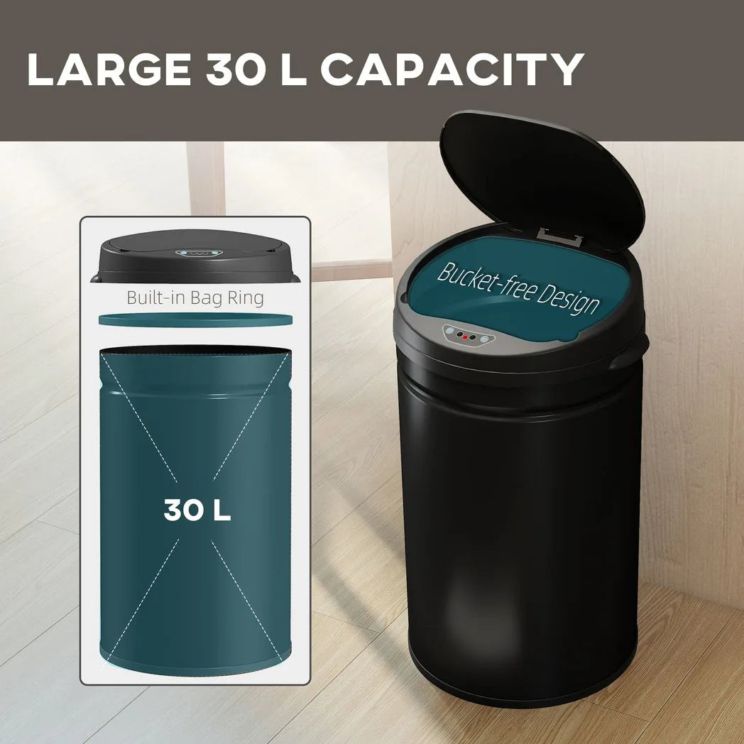 HOMCOM 30L Stainless Steel Sensor Bin with Soft-Close Lid – Touch-Free Kitchen Rubbish Bin, Black