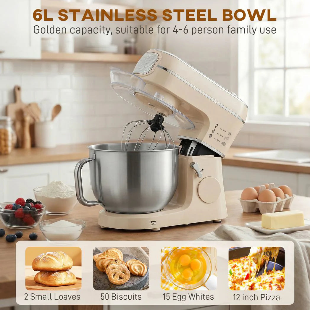 HOMCOM 6L 1400W Tilt-Head Stand Mixer with 11 Speeds, Pulse and Fermentation Function – LED Display, Cream