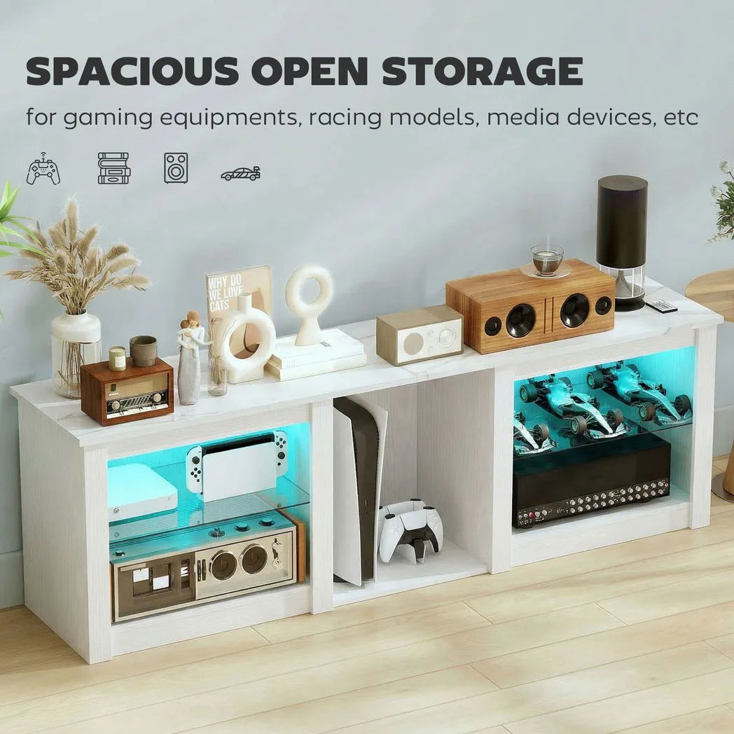 HOMCOM 70in TV Stand with Remote-Controlled LED Lights, Glass Shelves and Cable Management – Media Unit, White