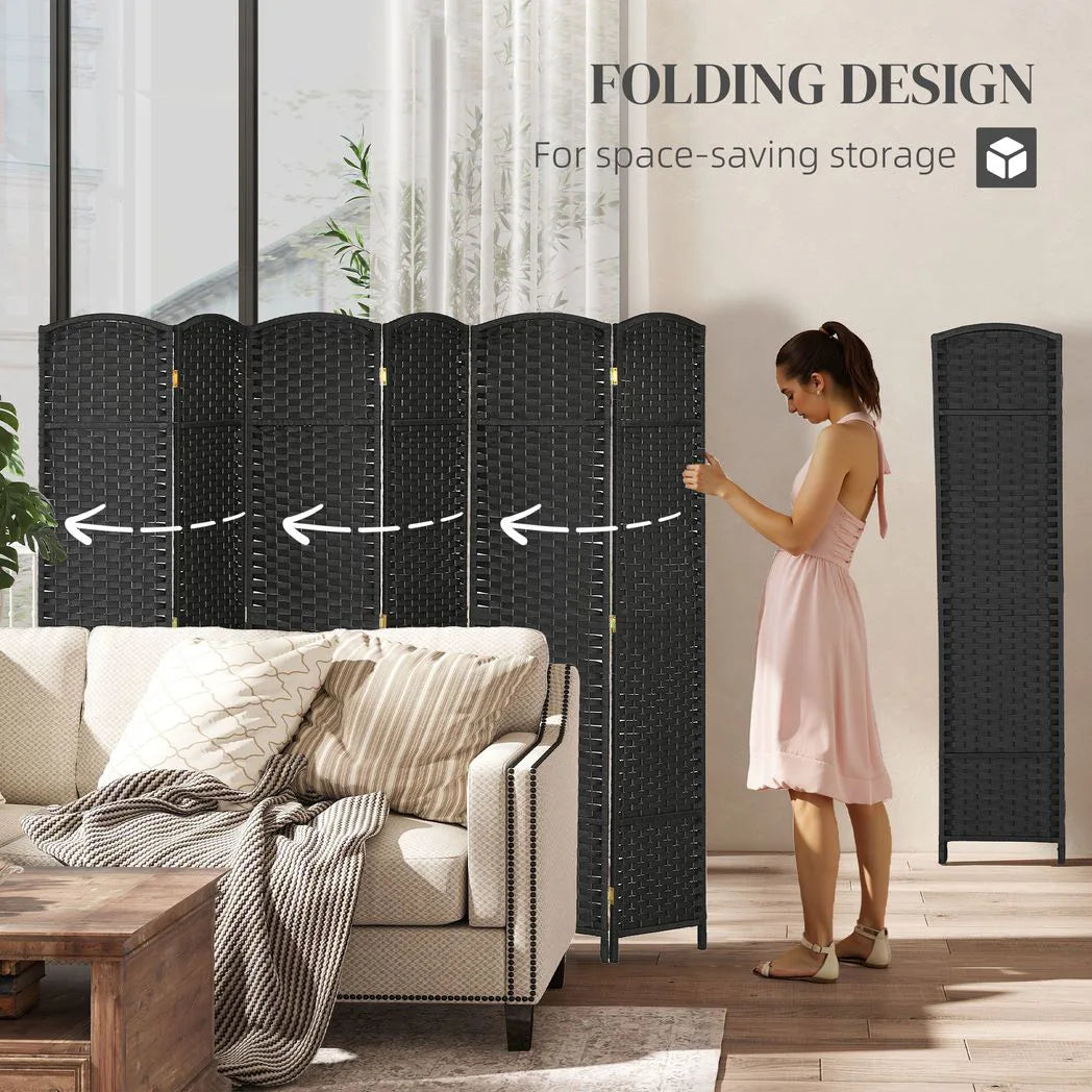 HOMCOM 6 Panel Folding Room Divider – Hand-Woven Style Privacy Screen, 240 x 170cm, Black