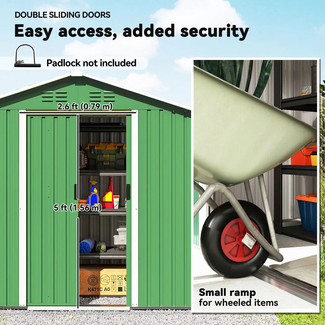 Outsunny 6.5 x 3.5ft Galvanised Metal Garden Shed with Double Doors and Vents, Green