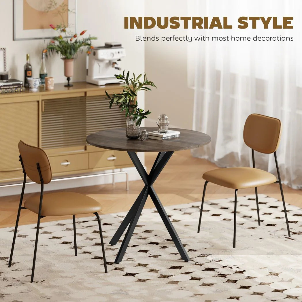 HOMCOM 80cm Industrial Round Dining Table with Steel X-Legs – Wood-Effect Kitchen Table for Two, Brown