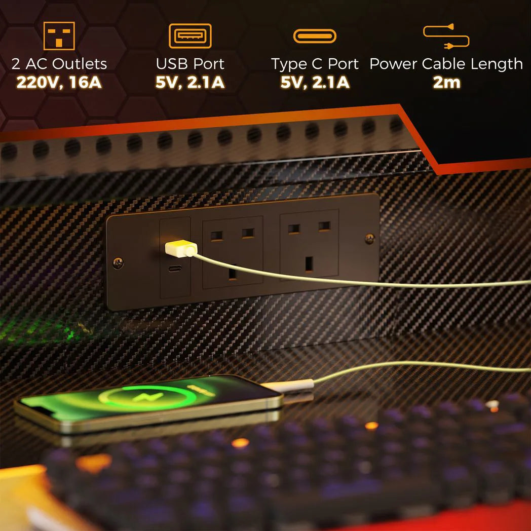 HOMCOM Two-Level LED Gaming Desk with Carbon Fibre Top, Power Outlets & USB Ports – Black Computer Desk
