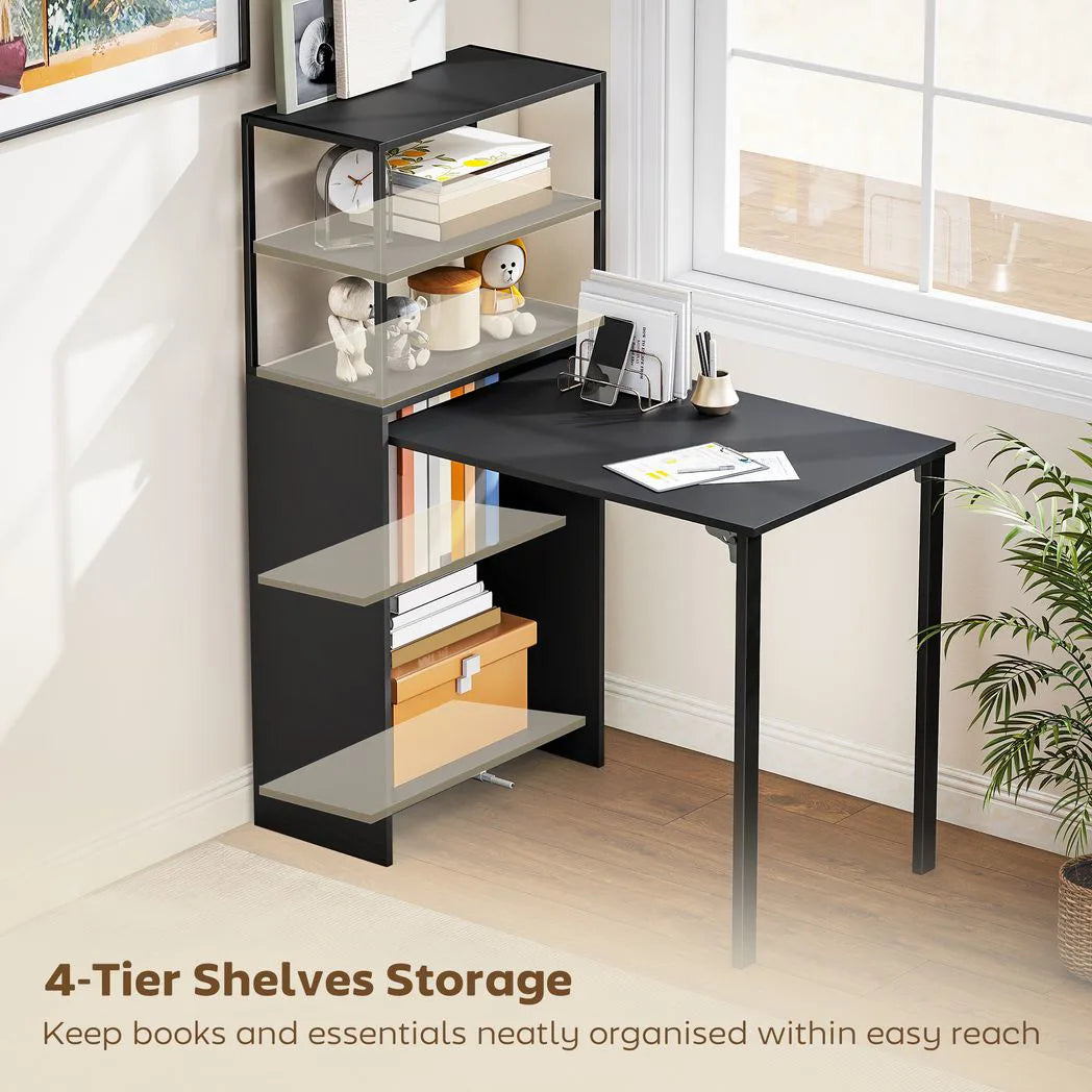 HOMCOM Folding Shelf and Work Table – 2-in-1 4-Tier Bookshelf and Desk with Steel Frame, Space-Saving, Black