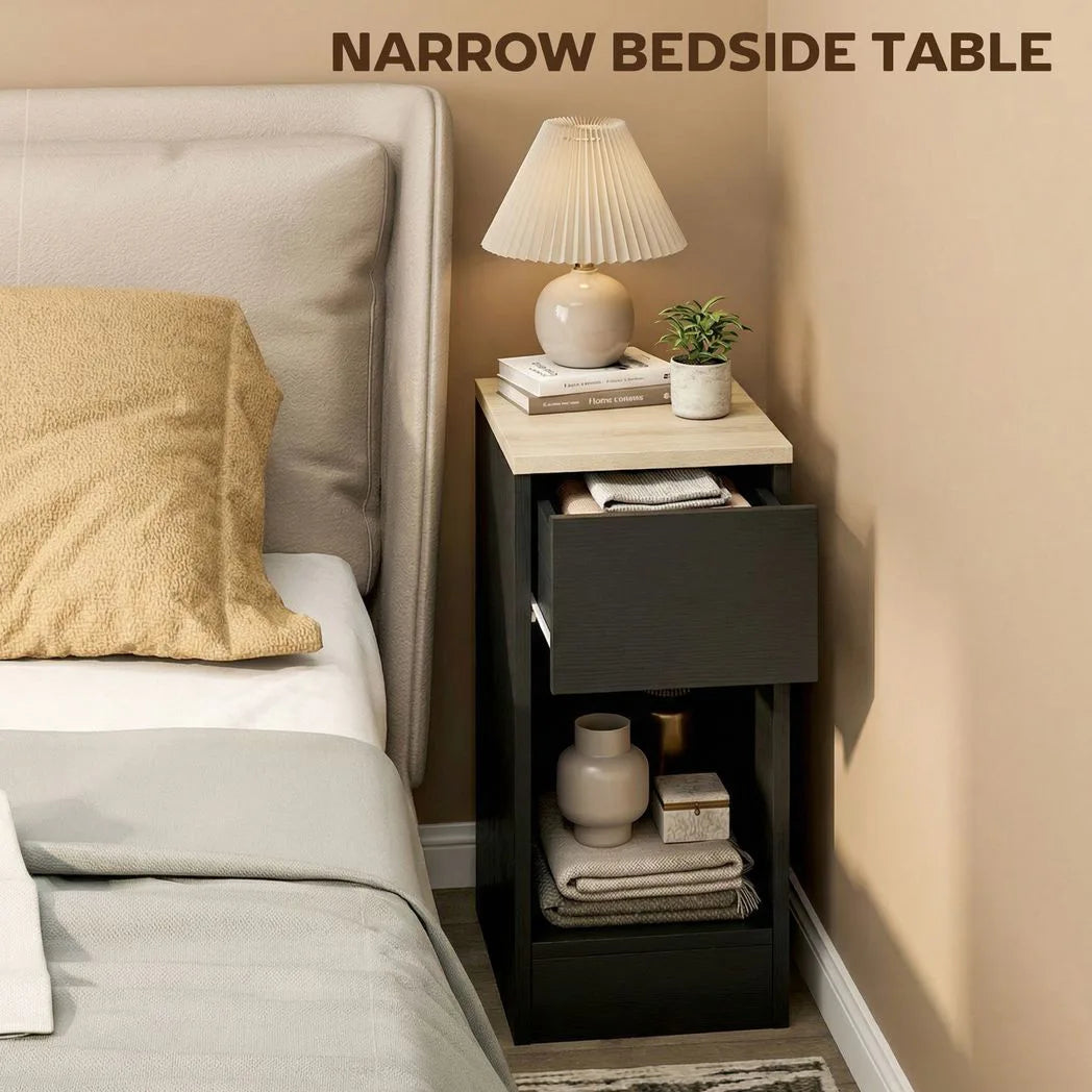 HOMCOM Set of 2 Modern Bedside Tables with Shelf & Drawer – Slim Storage Side Tables, Black