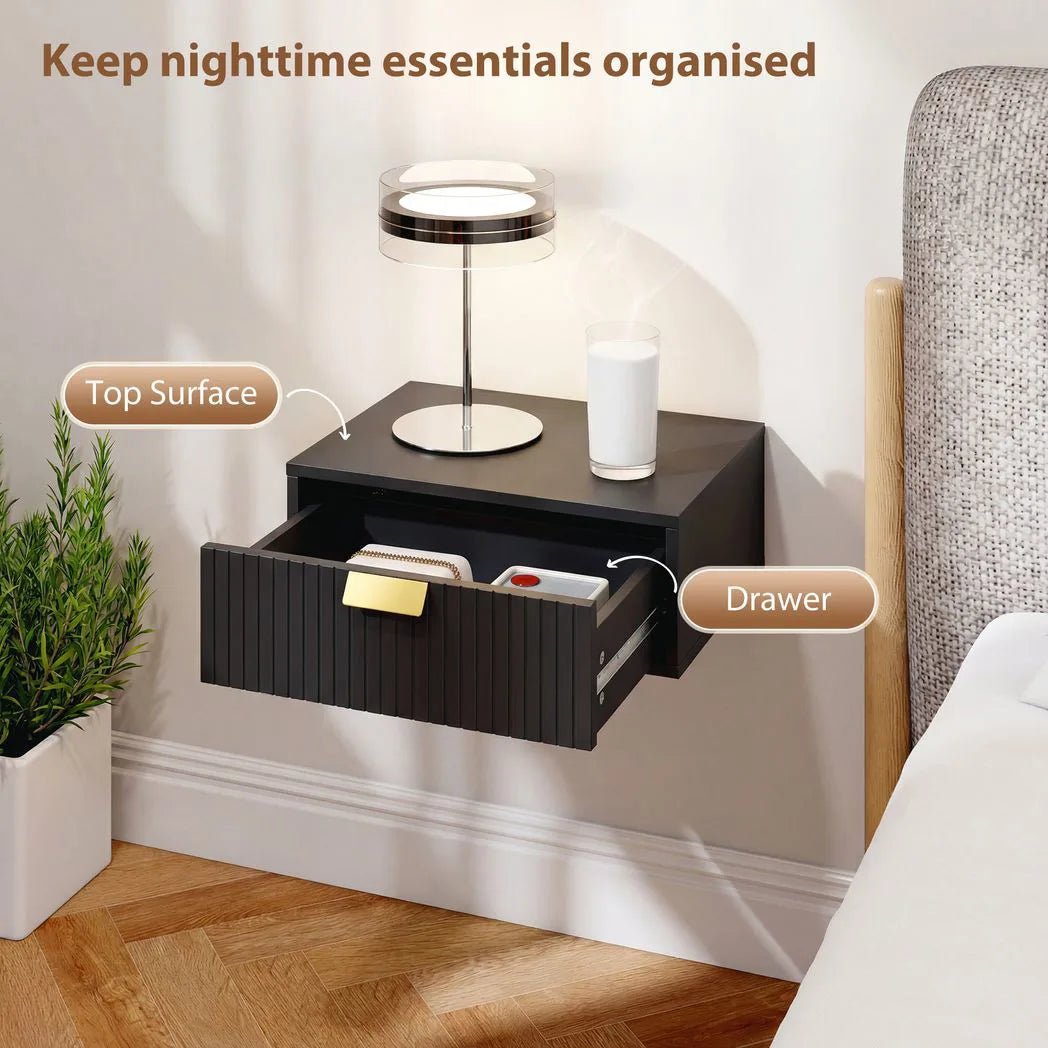 HOMCOM Set of 2 Floating Bedside Tables with Wave Drawer – Wall-Mounted Stackable Nightstands, Black