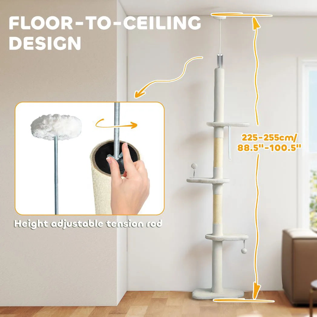 PawHut 225–255cm Adjustable Floor-to-Ceiling Cat Tree with Sisal Posts, Play Balls & Anti-Tip Strap, Beige
