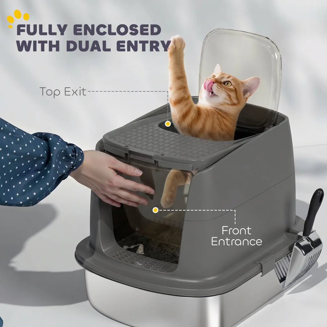 PawHut Large Stainless Steel Cat Litter Box with Lid, Scoop and Deodoriser Bag – Front Entry, Top Exit