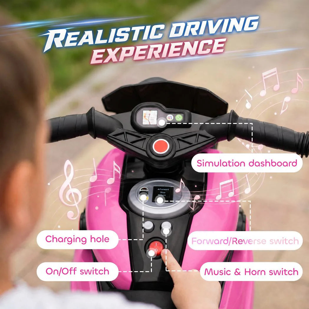 AIYAPLAY Kids Electric 3-Wheel Ride-On Motorbike with Horn, Headlights & Music – Toddler Battery Bike, Pink