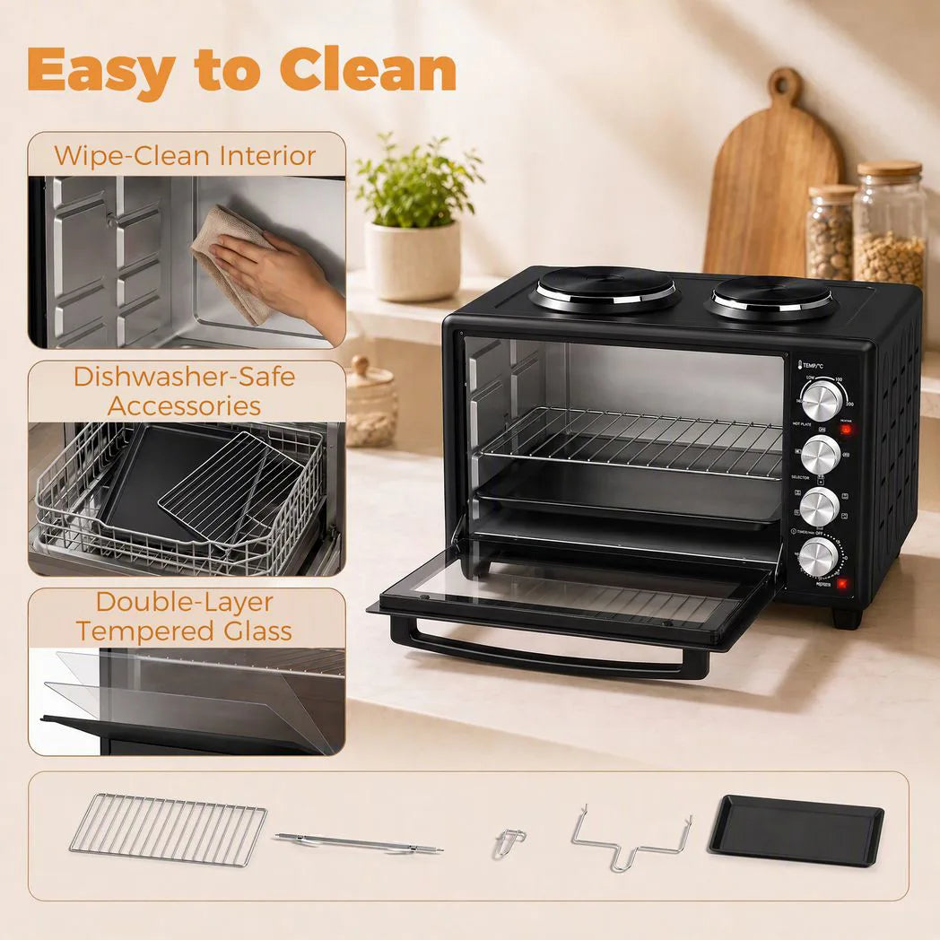 HOMCOM 36L Mini Oven with Dual Hot Plates, Convection Fan & Rotisserie – Countertop Electric Cooker, 90–230°C