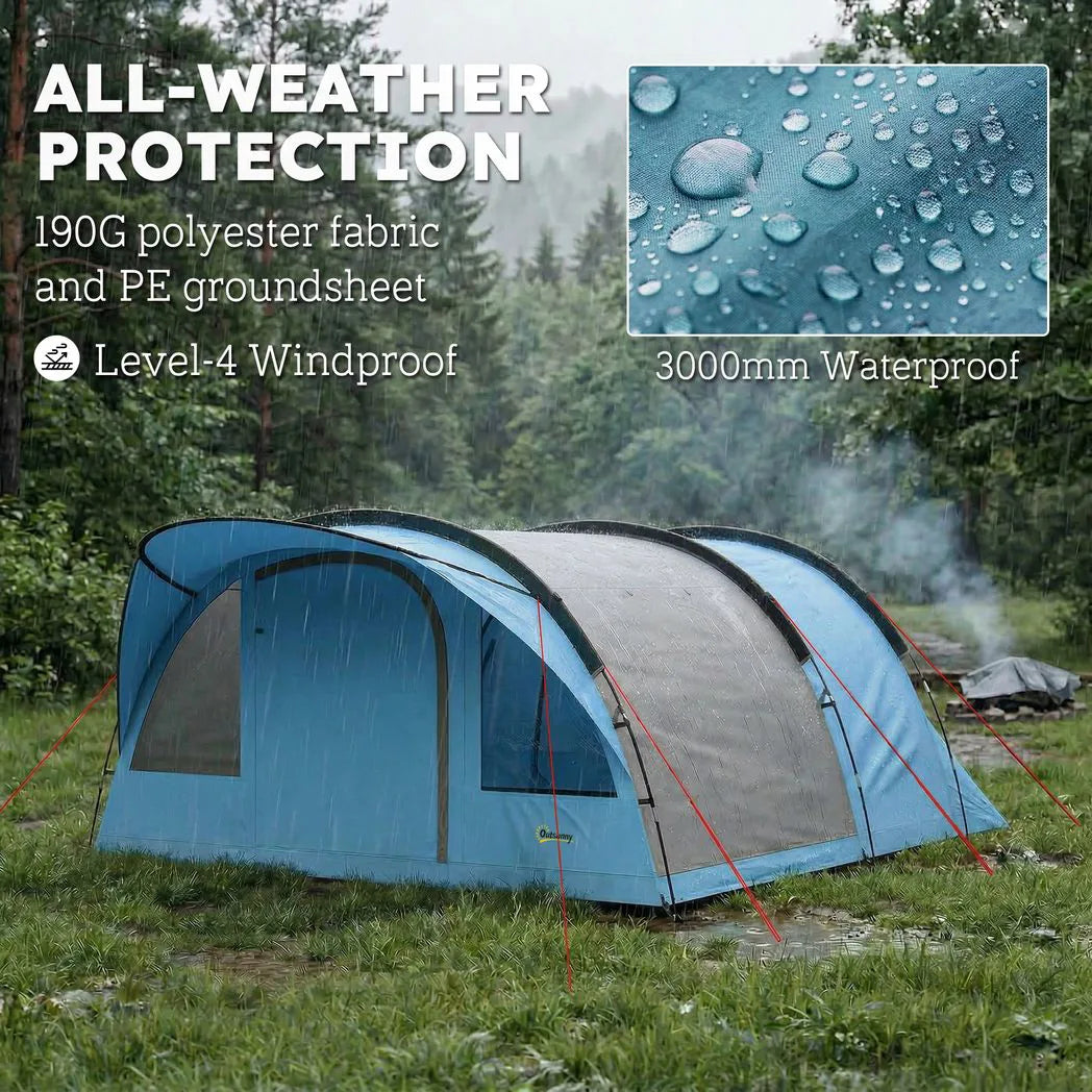 Outsunny 4 Person Family Camping Tent with 2 Rooms & Sewn-In Groundsheet – Waterproof Tunnel Tent, Sky Blue & Grey