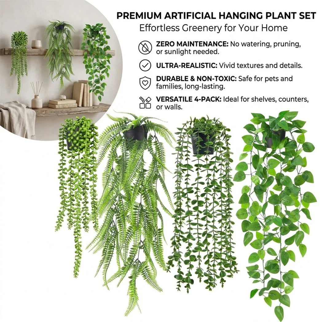 Artificial Hanging Trailing Plants in Pots, Set of 4 – Indoor Faux Greenery for Home & Office