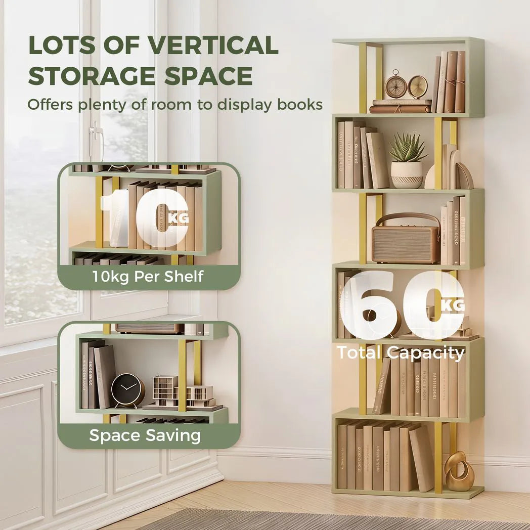HOMCOM S-Shaped 6-Tier Bookshelf with Anti-Tip Strap – Freestanding Open Display Shelves for Living Room, Light Green