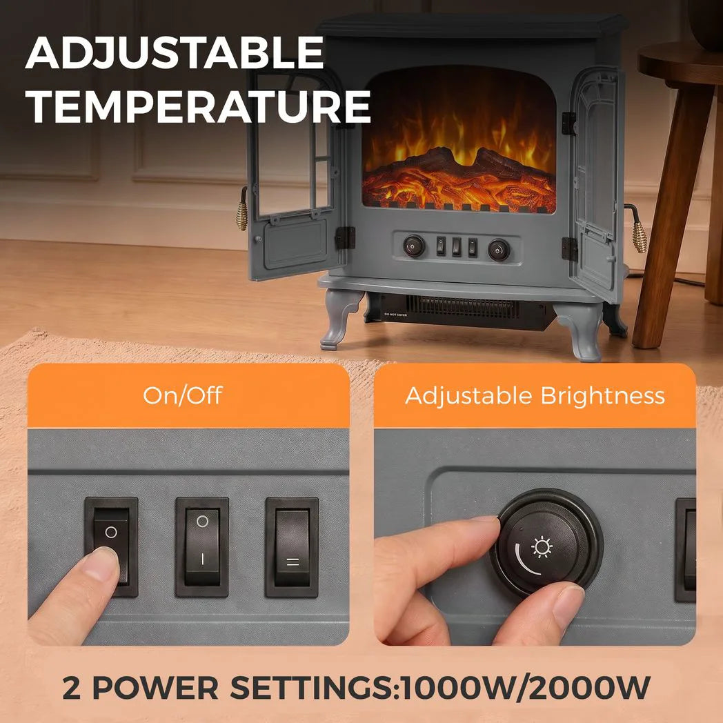 HOMCOM Freestanding Electric Fireplace Stove with LED Flame, 1000W/2000W Heater and Double Doors, Grey
