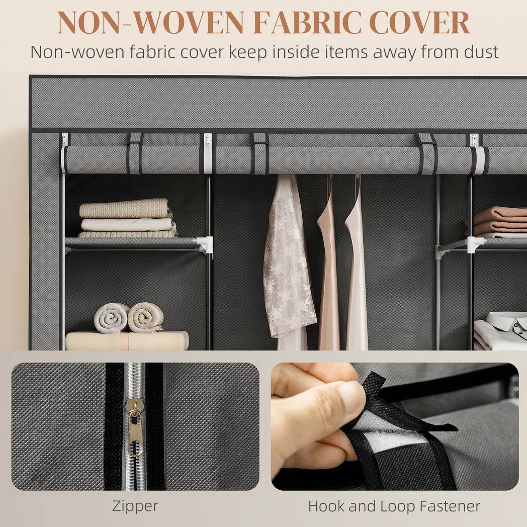 HOMCOM Portable Fabric Wardrobe with Hanging Rail, 10 Shelves and Roll-Up Doors – Foldable Clothes Storage, Dark Grey