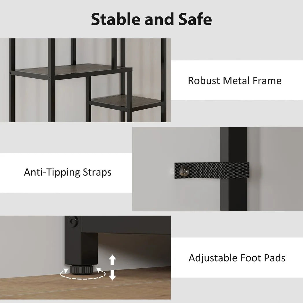 HOMCOM Seven-Tier Geometric Bookcase with Asymmetrical Open Shelves and Anti-Tipping Device – Grey and Black