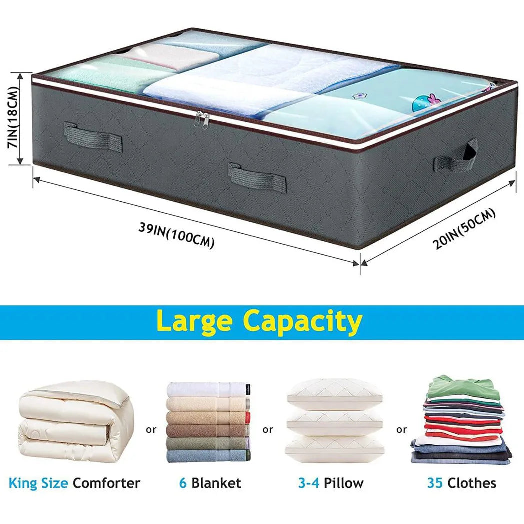 4-Piece 90L Large Underbed Storage Bags with Zips, Clear Window & Handles – Clothes Organiser, Grey