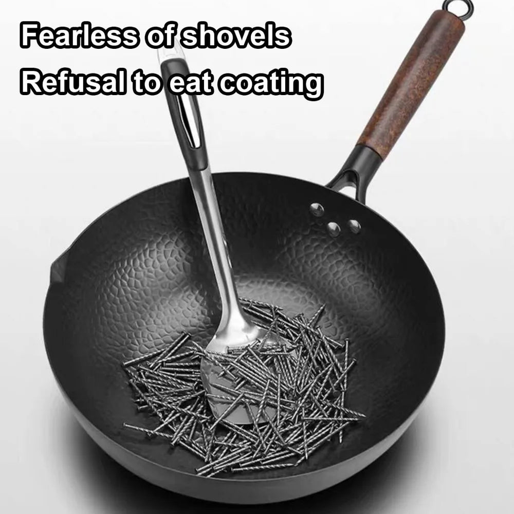 32cm Pure Iron Wok with Wooden Lid – Uncoated Cast Iron Stir-Fry Pan for Gas and Induction Hobs
