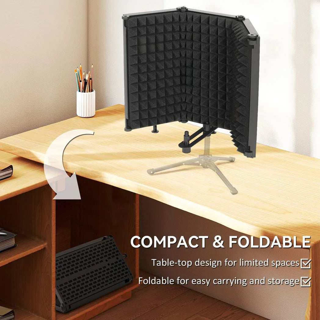 HOMCOM Studio Microphone Isolation Shield with 3 Foldable Foam Panels & 3/8" Mount – Home Recording, Black