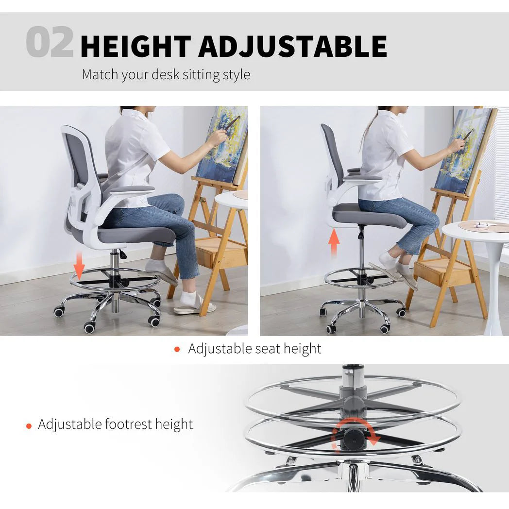 HOMCOM Draughtsman Chair with Adjustable Lumbar & Flip-up Armrests – Mesh Back Drafting Chair, Charcoal grey