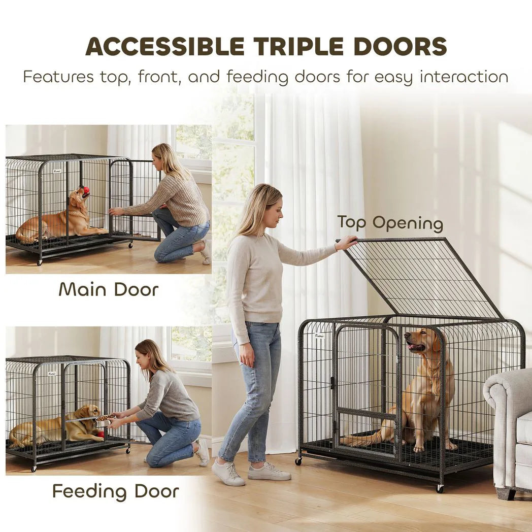 PawHut Heavy-Duty Dog Crate with Triple Doors, Removable Tray and Wheels – 116 x 77 x 88 cm, Small to Large Breeds