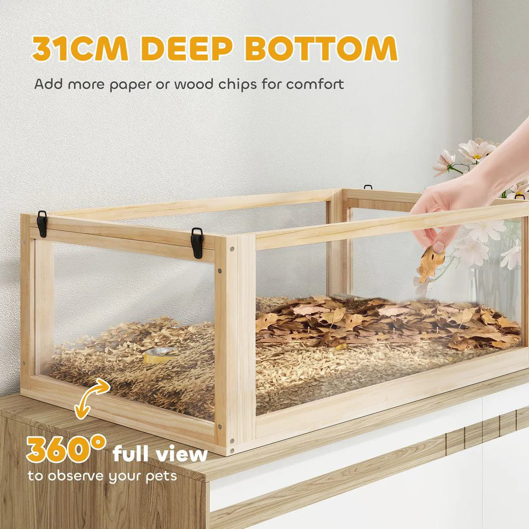 PawHut Wooden Hamster Cage with 31cm Deep Base, Hut, Seesaw, Exercise Wheel and Ramp, 80 x 50 x 76cm – Natural