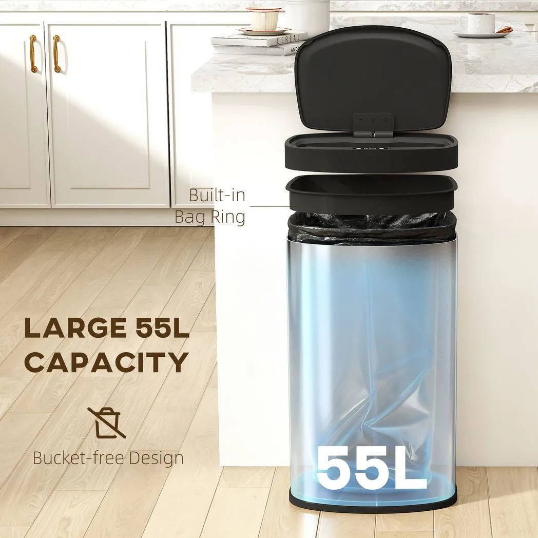 HOMCOM 55L Automatic Sensor Bin with Soft-Close Lid – Touchless Fingerprint-Resistant Kitchen Bin, Stainless Steel