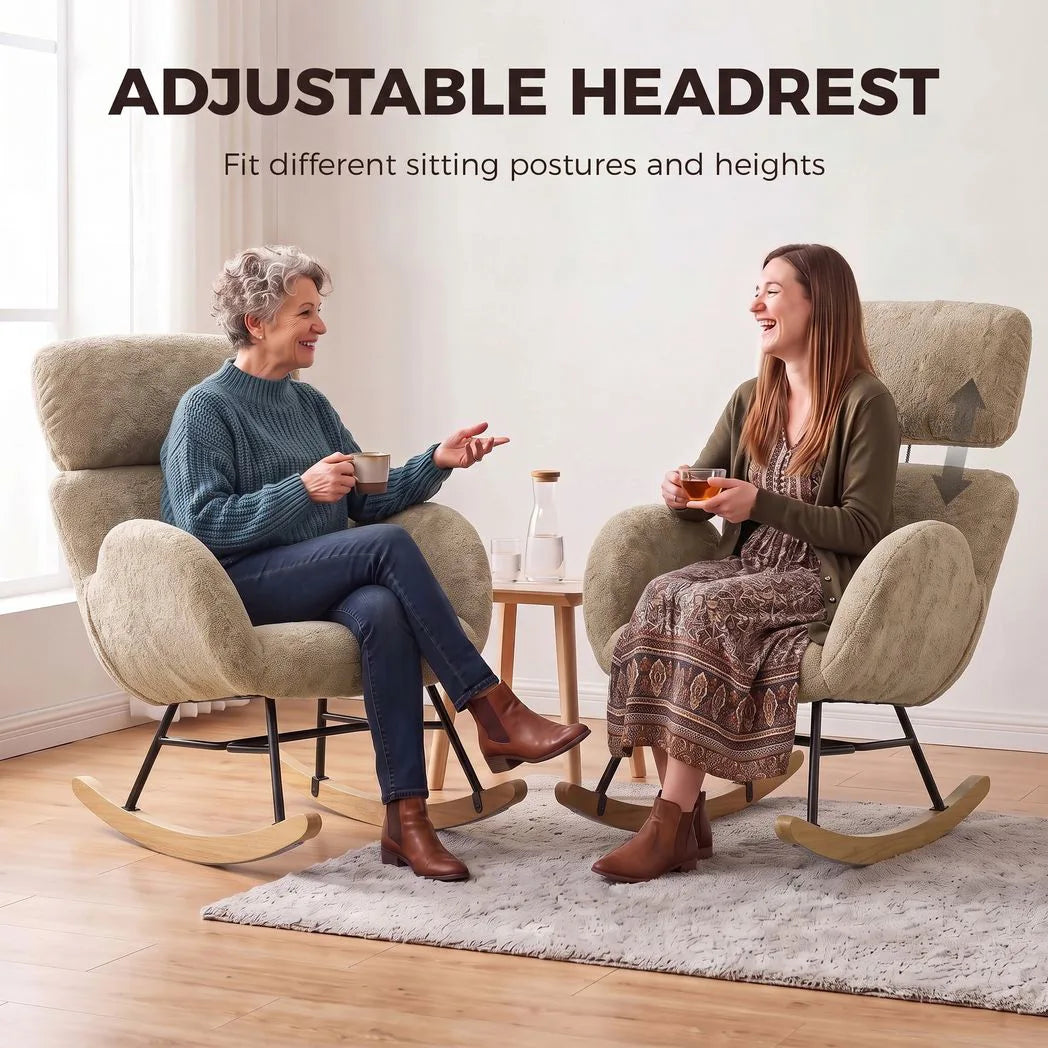 HOMCOM Upholstered Rocking Chair with Adjustable Headrest – Raindrop Velvet, Rubberwood Base, Light Brown