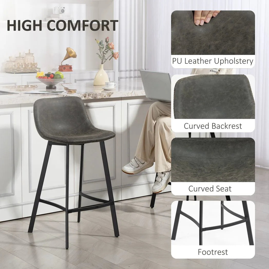 HOMCOM Set of 2 Bar Stools with Backrest & Footrest – PU Leather Kitchen Counter Breakfast Bar Stools, Grey