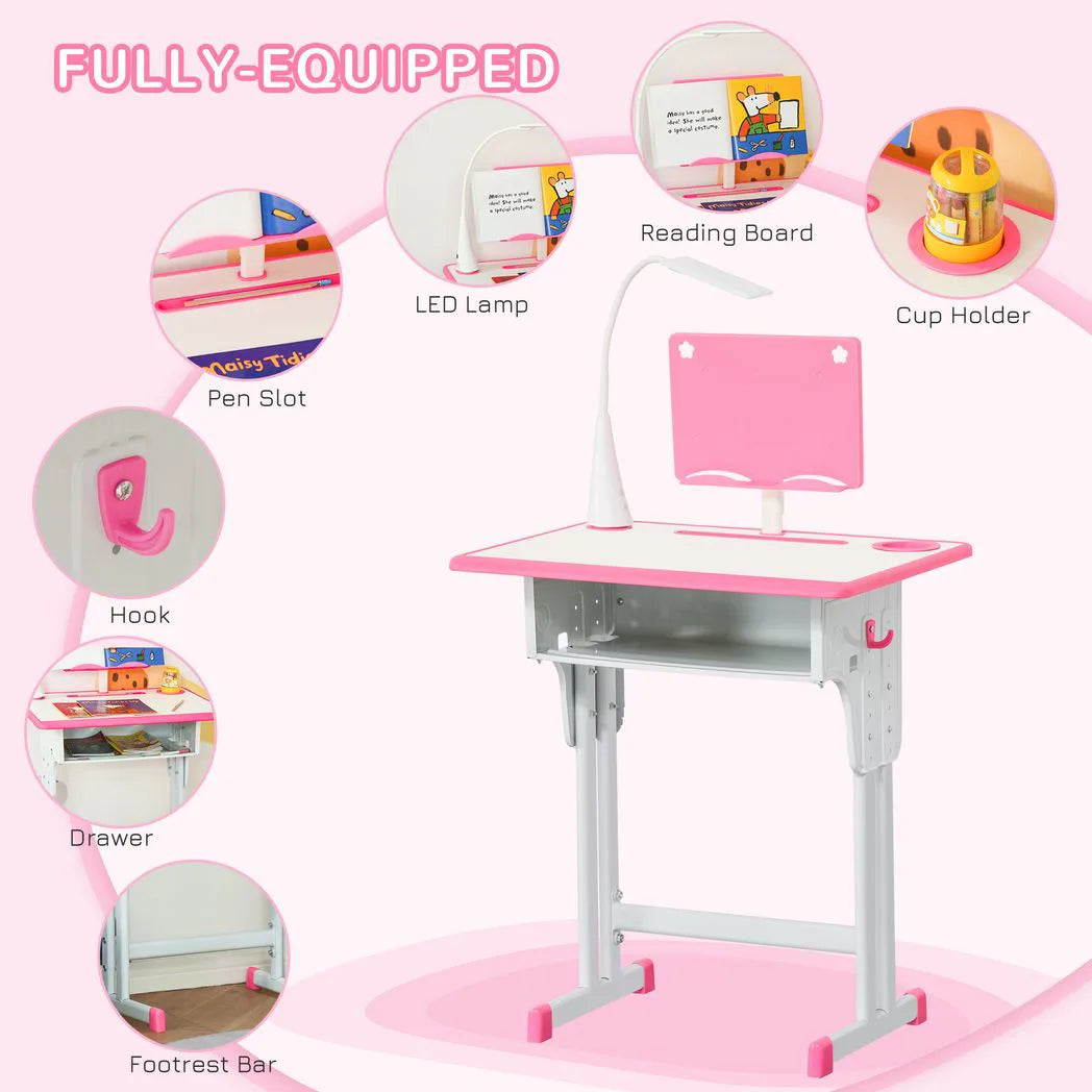 HOMCOM Kids Desk and Chair Set with Adjustable Height, Drawer & Book Stand – Study Table, Ages 6-12, Pink