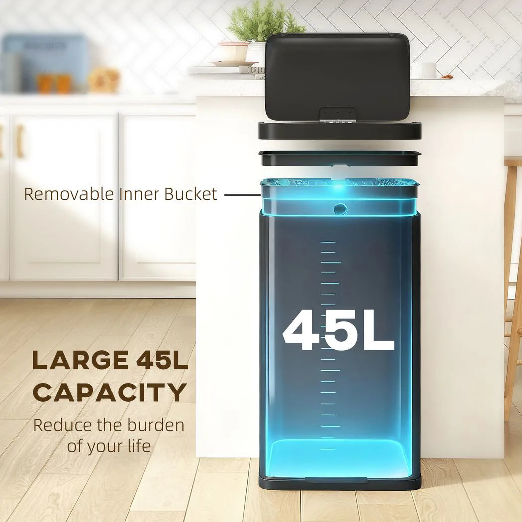 HOMCOM 45L Automatic Kitchen Sensor Bin with Infrared Touch-Free Lid and Removable Bucket, Black