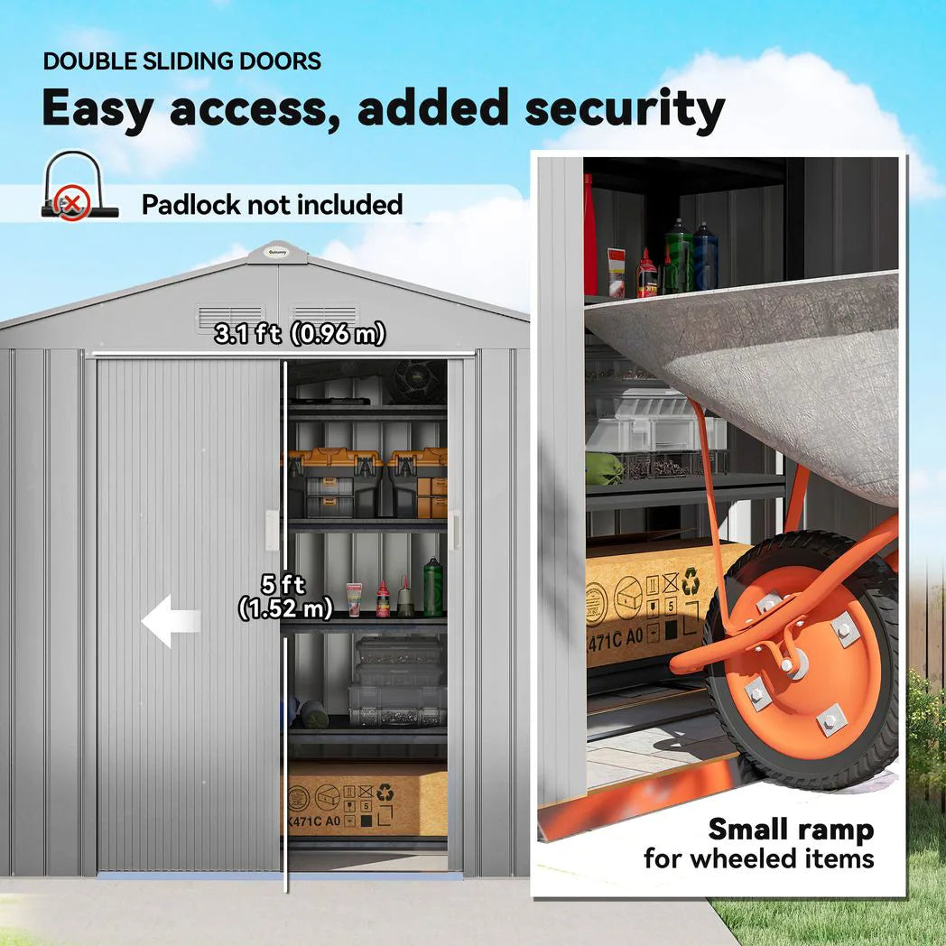 Outsunny 7 x 4ft Lockable Metal Garden Tool Shed with Foundation Kit & Sloping Roof – Light Grey