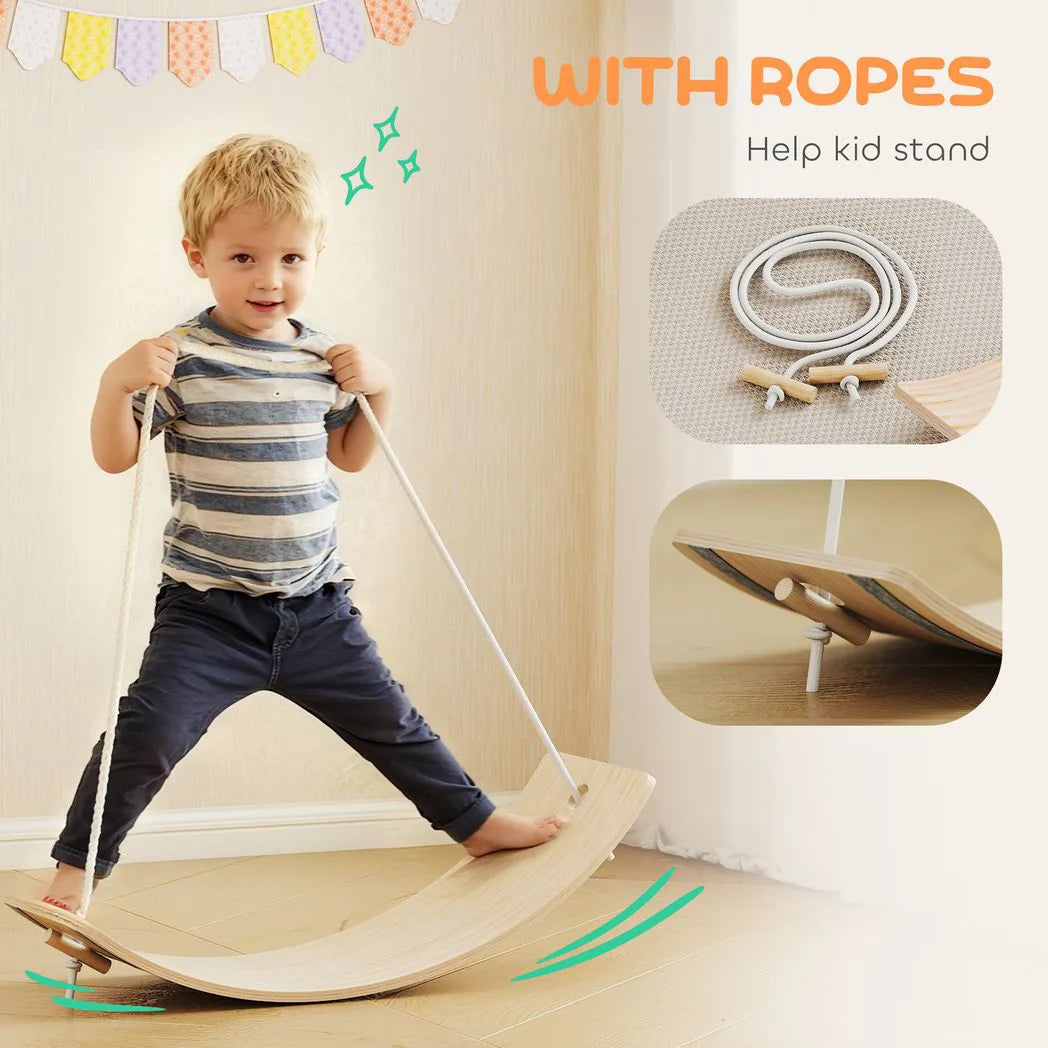 AIYAPLAY Kids Wooden Balance Board with Pull Rope and Silent Felt Base – Toddler Wobble Board for Ages 3-6