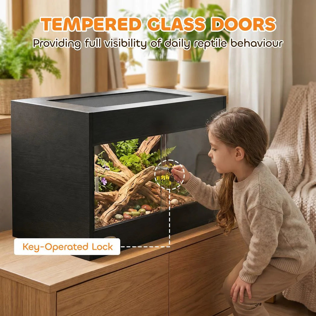 PawHut Reptile Terrarium with Glass Doors, Lock and Top Ventilation – Vivarium for Snakes and Geckos, Black
