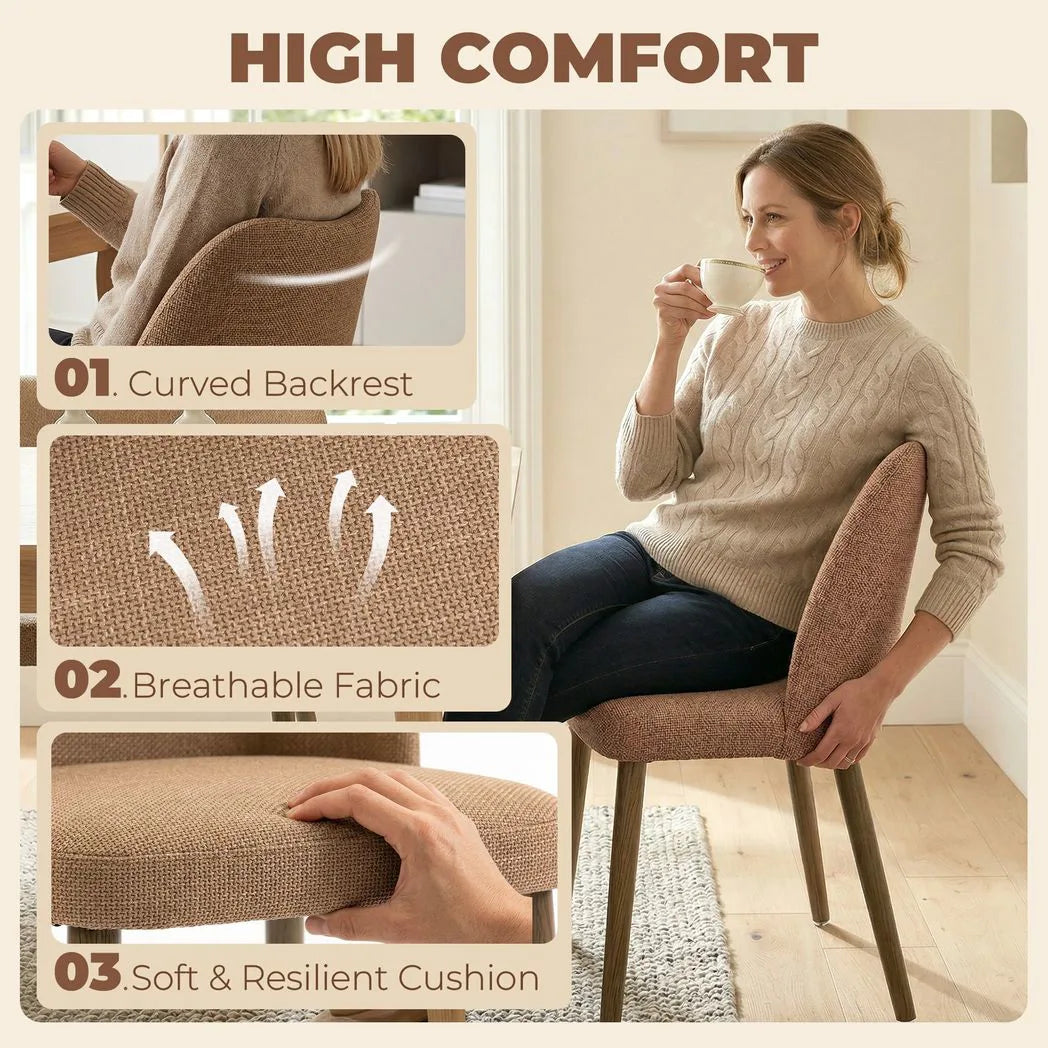 HOMCOM Set of 2 Linen-Look Dining Chairs with Padded Seat and Rubberwood Legs – Kitchen Seating, Brown