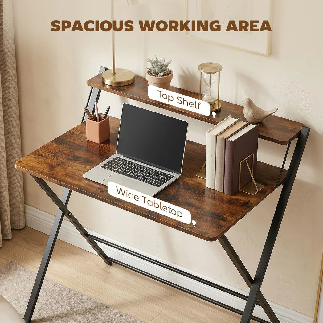 HOMCOM Compact Folding Desk with Storage Shelf – Space-Saving Home Office Study Table, Rustic Brown